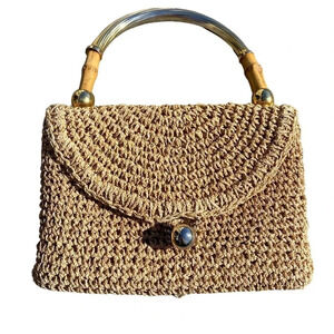 Vintage Koret 1960s Double Sided Woven Jute Boho Bamboo Handle Dainty Purse